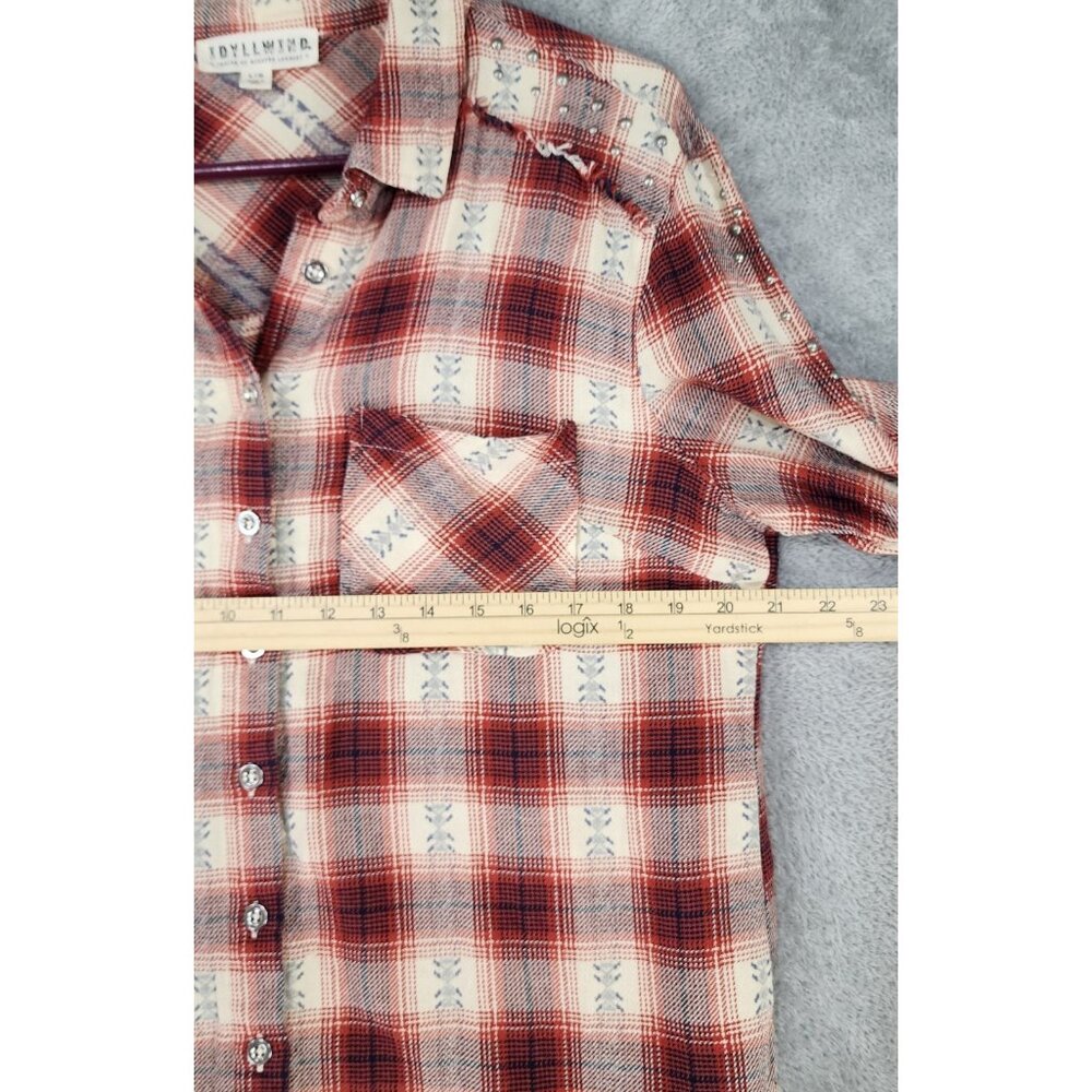 Idyll Wind Shirt Womens Large Red Cream Plaid Flannel Beaded Fringed Western Top - Picture 4 of 14